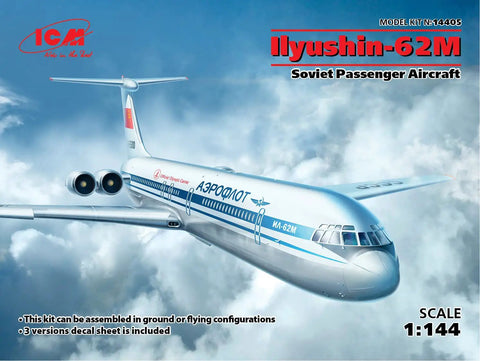 Packaging of Plastic Aircraft Model Kit Ilyushin 62M Soviet Passenger Plane 1 144 Scale with Easy Assembly, Clear Instructions