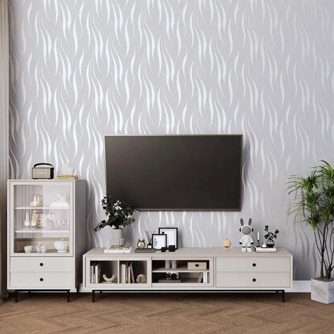 Living room with Self Adhesive Peel And Stick Wallpaper 20.8 By 393 Inches With 3D Water Wave Pattern behind TV and furniture.