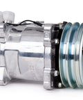 Close-up of compressor from Universal Under Dash AC Kit With Evaporator And Compressor For Vintage Cars 12V 2A V Belt 12700 BTU 359 CFM