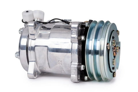 Close-up of compressor from Universal Under Dash AC Kit With Evaporator And Compressor For Vintage Cars 12V 2A V Belt 12700 BTU 359 CFM