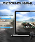 Racing car displayed on laptop screen illustrating speed benefits of Cat7 Flat Ethernet Cable 15ft White Ultra Fast 10Gbps Shielded STP LAN Internet Network Cable With RJ45 Connectors And 5 Adhesive Cable Clips For Easy No Fuss Setup Under Carpet Or Along Baseboard.