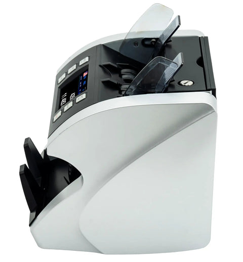Side view of Touch Screen Currency Counter For Mixed Denominations With Bank-Grade Counterfeit Detection, showing sensors