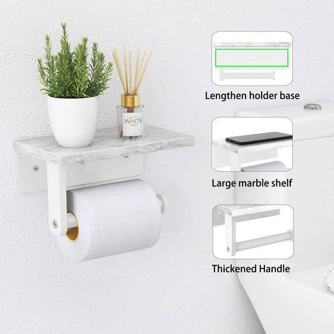 Toilet Paper Holder With Marble Shelf And 304 Stainless Steel Wall Mount For Bathroom White Sleek Modern Look Clean Washroom Vibe Easy Screw Mount Durable Bath Accessory featuring a plant and diffuser on shelf