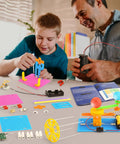 Father and son building Hands On Five Model STEM Science Kit For Kids Ages 6 7 8 9 10 11 12 Featuring Telegraph Newtons Cradle