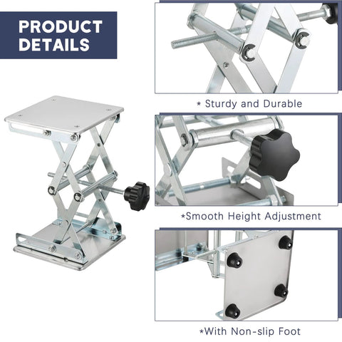 FLKQC lift table lab stand lifter, stainless steel scissor jack, 6x6 in platform, black hand wheel, 75–260 mm