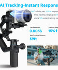 Close-up of Scorp Mini 3 Pro Gimbal Kit With AI Tracking Built In Display showcasing camera mount and remote handle in action