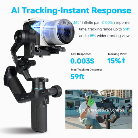 Close-up of Scorp Mini 3 Pro Gimbal Kit With AI Tracking Built In Display showcasing camera mount and remote handle in action