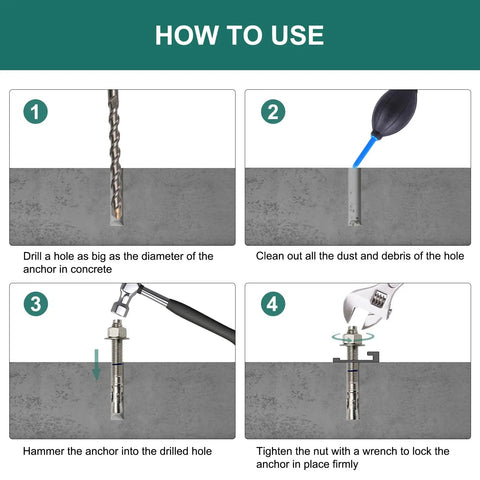 Illustration showing how to use Heavy Duty 1/4 Inch By 3-1/4 Inch Concrete Anchor Bolts Stainless Steel Wedge Anchors 20 Pack.