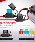 Image showing fuse box with 10A/15A/20A blade fuses and water-resistant holder for 16AWG LED Light Bar Wiring Harness Kit 12V On Off 2 Gang Rocker Switch Panel Power Relay Blade Fuse 5Pin Toggle Switches For Cars Boats ATVs Trucks Four Leads.