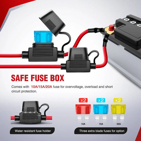 Image showing fuse box with 10A/15A/20A blade fuses and water-resistant holder for 16AWG LED Light Bar Wiring Harness Kit 12V On Off 2 Gang Rocker Switch Panel Power Relay Blade Fuse 5Pin Toggle Switches For Cars Boats ATVs Trucks Four Leads.