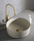 Straight Up Premium Round Porcelain Vessel Sink 15.7 Inch Above Counter Bathroom Vanity Bowl on modern countertop with faucet