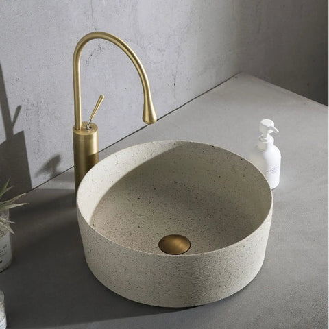 Straight Up Premium Round Porcelain Vessel Sink 15.7 Inch Above Counter Bathroom Vanity Bowl on modern countertop with faucet