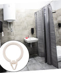 Image of 48 Pack Plastic Curtain Rings With Clips Smooth Glide Hanging Rings in a bathroom setting with gray shower curtains and Roman rods.