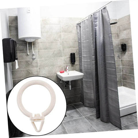Image of 48 Pack Plastic Curtain Rings With Clips Smooth Glide Hanging Rings in a bathroom setting with gray shower curtains and Roman rods.