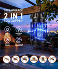 All Season Bug Zapper For Indoor And Outdoor Use With 4200V Electric Grid Waterproof Mosquito Killer 365nm UV Light 20W Power One Button Easy Operation For Home Patio Yard Camping hanging on patio with glowing UV light