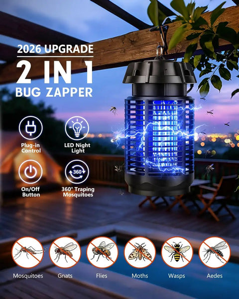 All Season Bug Zapper For Indoor And Outdoor Use With 4200V Electric Grid Waterproof Mosquito Killer 365nm UV Light 20W Power One Button Easy Operation For Home Patio Yard Camping hanging on patio with glowing UV light