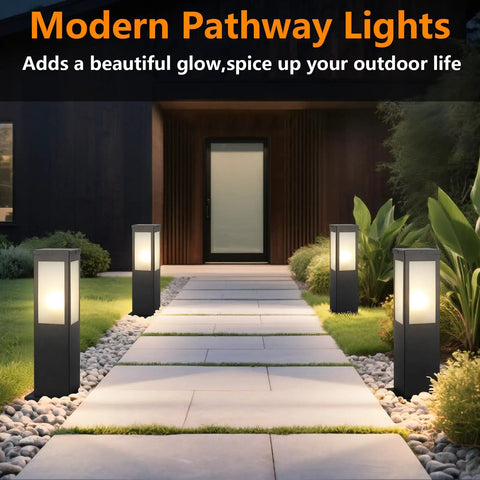 Modern Outdoor Bollard Pathway Lights Rock Solid Black Aluminum Yard Walkway Lamps with Waterproof White Glass illuminating a garden path.