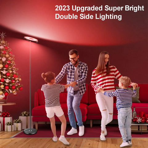 Family dancing near Two-Sided Smart Floor Lamp With RGBCW Color, 2000 Lumens, Alexa and Google Home Ready, 66 Inch Tall, Black.