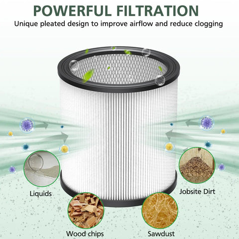 2 Pack DXVC6910 Cartridge Filter Replacement For 6 To 16 Gallon Wet Dry Vacuums with pleated design showing powerful filtration