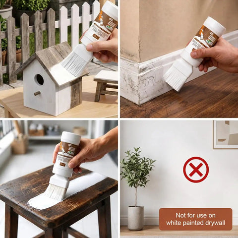 No Sweat White Touch Up Paint For Wood Doors Cabinets And Furniture Built In Brush used on a wooden birdhouse and furniture.