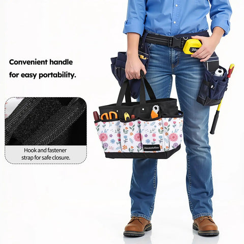 Deluxe Garden Tool Tote Bag With Pockets, Wear Resistant Reusable 14 Inch Organizer, White Floral, person carrying tools