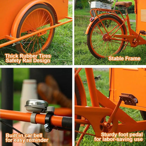Close-up of the Fly Rideable Food Vending Cart With Canopy And Wheels showing thick rubber tires and stable frame features.