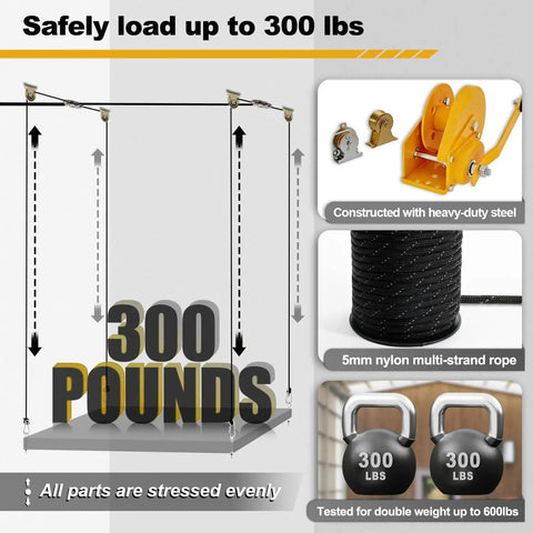 Overhead Garage Storage Lift With Upgraded Winch For 300Lb Capacity Ceiling Mounted Heavy Duty System diagram