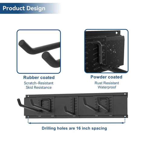 Garage Ski Wall Rack Holds 2 Pairs Of Skis With Adjustable Rail, scratch-resistant, powder-coated design, 16 inch spacing.