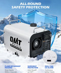 Portable 8KW Diesel Air Heater With Bluetooth Remote And CO Detector For RV Workshop Camper Van Dual Voltage 12V 24V DC in snowy environment with safety features.