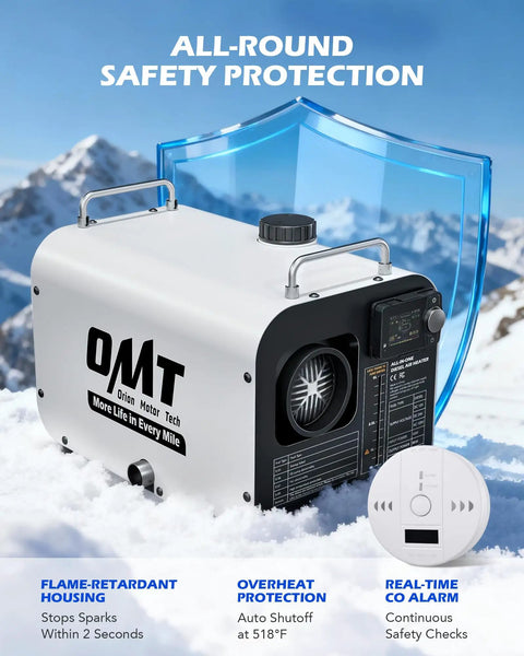 Portable 8KW Diesel Air Heater With Bluetooth Remote And CO Detector For RV Workshop Camper Van Dual Voltage 12V 24V DC in snowy environment with safety features.