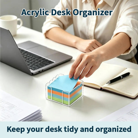 Person using two pack acrylic sticky note holder set with scalloped and straight edge design 3x3 inch clear notepad dispenser