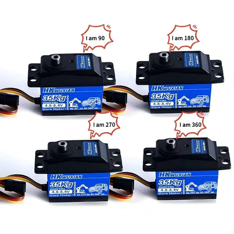 Heavy Hit 35 Kg Metal Digital Servo With All Steel Gears And Cold Forged Aluminum Housing For Rc Cars Robot Arms And Aircraft Built Different Smooth Acting 90 Degree Precision showing servo angles 90, 180, 270, 360 degrees.