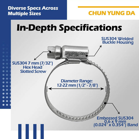 Beefy Heavy Duty Stainless Worm Gear Hose Clamps Size 6 1/2 To 7/8 Inch Adjustable All 304 Stainless Steel For Garden Water Hoses 12 To 22 mm Pack Of 10 Ideal For Radiator Hoses And Irrigation showing specifications.