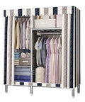 Top Shelf Heavy Duty Portable Canvas Wardrobe With Built Tough Steel Frame And Zero Hassle Hanging Rail For Straight Up Solid Bedroom Closet Storage And Super Simple Setup showing open design with hanging clothes and stacked towels.