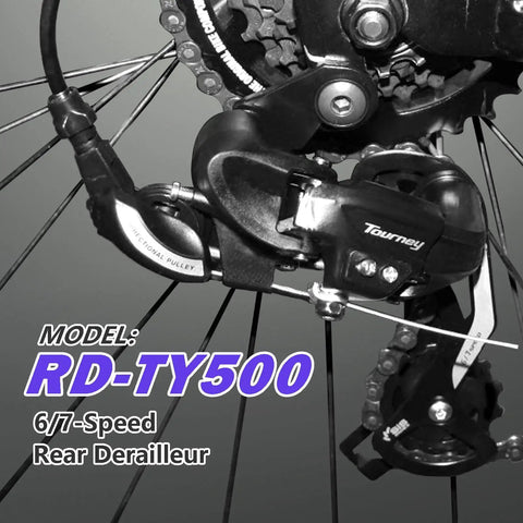 Close-up of Rear Derailleur RD TY500 6 And 7 Speed Direct Mount For Folding And Mountain Bikes With Crisp Shifts SIS Index And Aluminum Build.