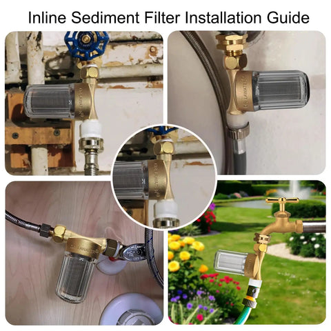 Installation guide showing Upgraded Reusable Brass Water Filter For Home, RV, Camping And Washing Machines in various settings.
