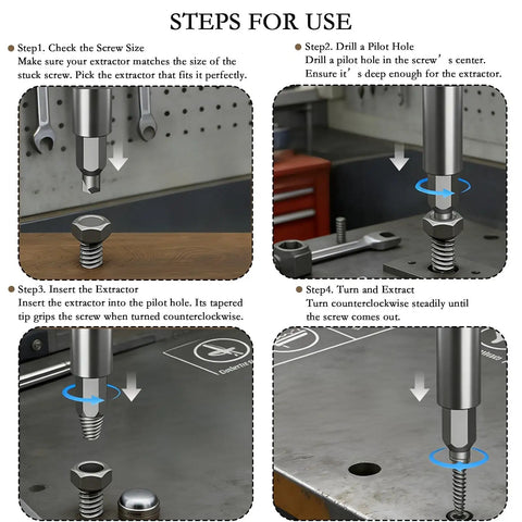 Steps for using 33 Piece Damaged Screw Extractor Kit With Magnetic Extension Shaft Socket Adapter And Extension Bit Holder