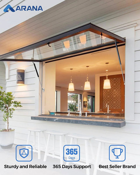 ARANA gas struts 28-inch, 200 lb with brackets (2-pack) installed on outdoor window hatch supporting a glass opening