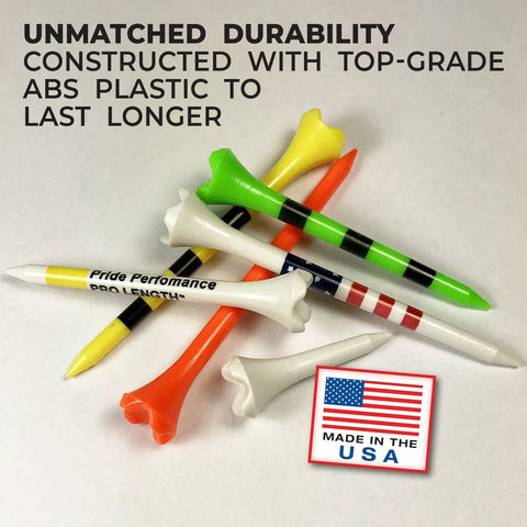 Performance Plastic Golf Tees For Consistent Drives 100 Count White Striped Two And Three Quarters Inch Durable Tees With Low Friction Tips For On Course Confidence shown with USA label.