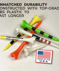 Performance Striped Plastic Golf Tees Pack Of 30 3 And A Quarter Inch White Durable Pro Tour Trusted Tees With Low Resistance Tips displayed.