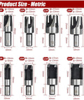 Premium Carpenter Grade 8 Piece Titanium Coated Wood Plug Cutter Drill Bit Set sizes and specifications with metric measurements.