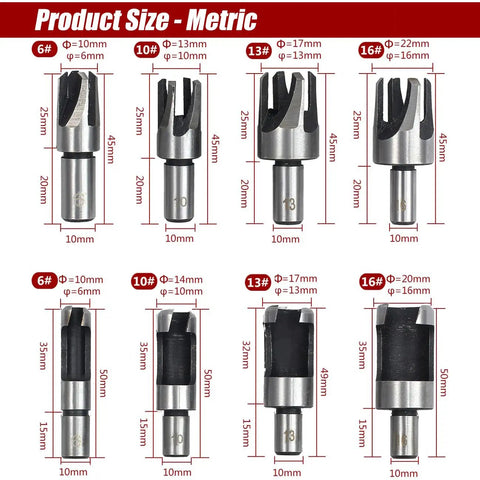 Premium Carpenter Grade 8 Piece Titanium Coated Wood Plug Cutter Drill Bit Set sizes and specifications with metric measurements.