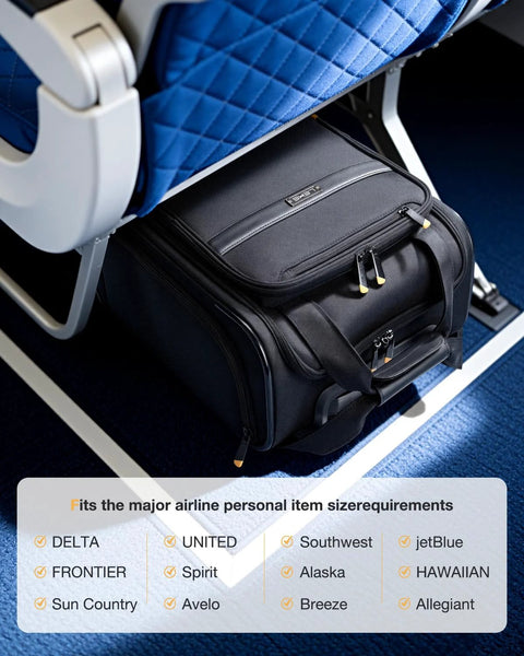Lekespring underseat carry-on luggage, black softside wheeled bag with zip pockets under airplane seat