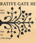 Kick Ass Wrought Iron Door Hinges With Glossy Black Powder Coating decorative gate hinge with floral design on wood background.
