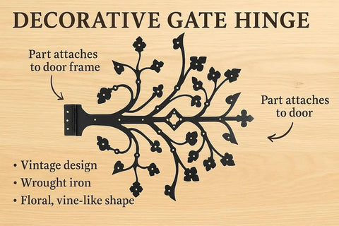 Kick Ass Wrought Iron Door Hinges With Glossy Black Powder Coating decorative gate hinge with floral design on wood background.