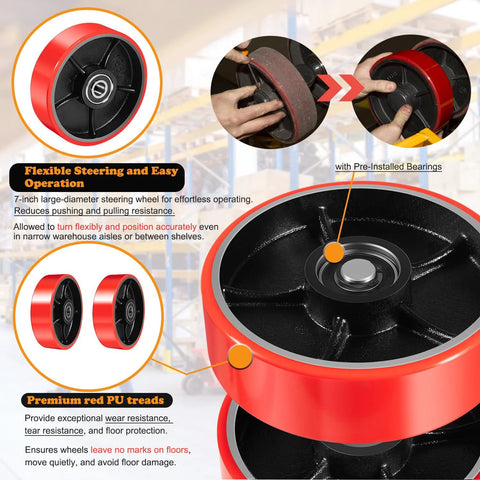 Complete Pallet Jack Wheel Replacement Kit With Dual 7x2 Steering Wheels, showing red PU tread and pre-installed bearings.