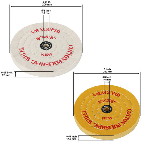 Eight Inch Cotton Buffing Wheel Kit For Bench Grinders And Polishing Tools With Five Eighths Inch Arbor displayed with measurements.