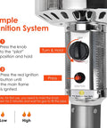 Close-up of Heavy Duty 50,000 BTU Propane Patio Heater for Outdoors ignition system with control knob and instructions.