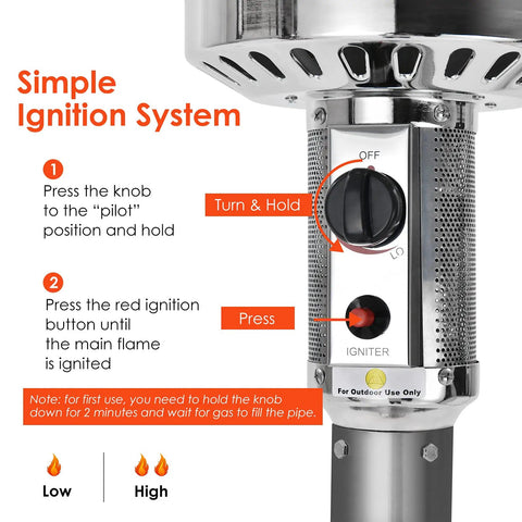 Close-up of Heavy Duty 50,000 BTU Propane Patio Heater for Outdoors ignition system with control knob and instructions.