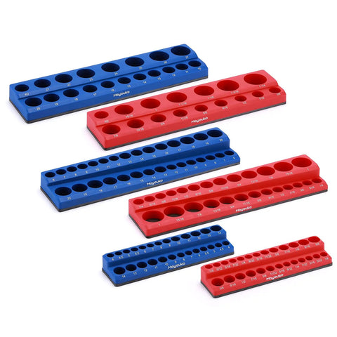 SAE And Metric Magnetic Socket Organizer Set For 1/4 3/8 And 1/2 Inch Drives Keeps 143 Shallow And Deep Sockets In A Blue Magnetic Holder
